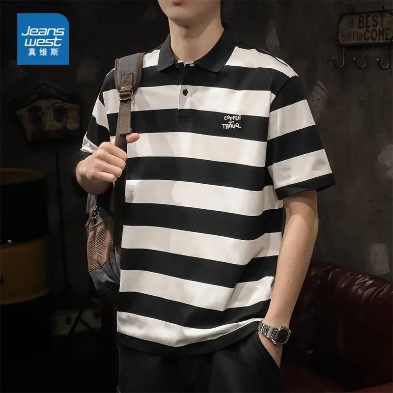 Jeanswest/真维斯美式黑白条纹短袖T恤POLO衫男士夏季翻领上衣服
