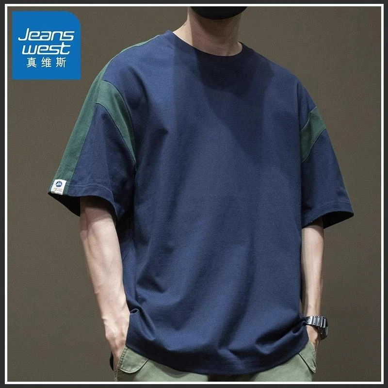 Jeanswest/真维斯夏季男士潮流T恤拼接重磅休闲短袖纯棉宽松上衣