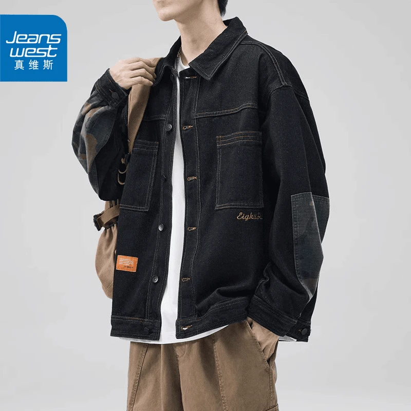 Jeanswest/真维斯春秋男士痞帅休闲夹克美式复古宽松工装牛仔外套
