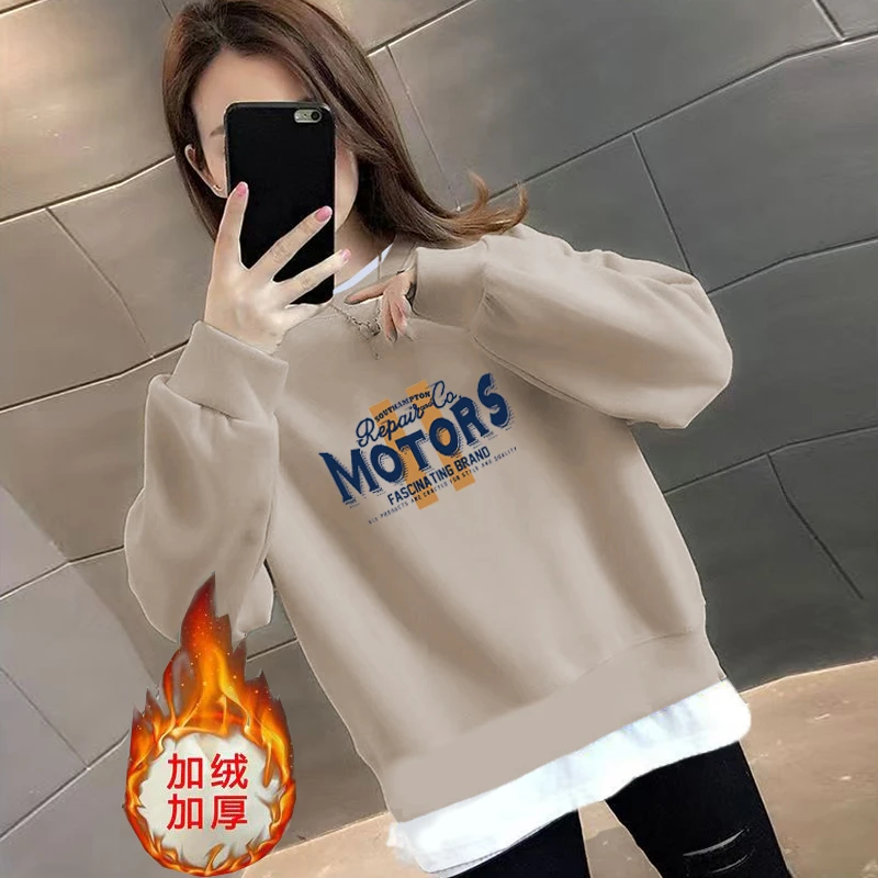 薄/加绒无帽套头卫衣秋冬宽松洋气印花时尚大码小众假两件上衣女