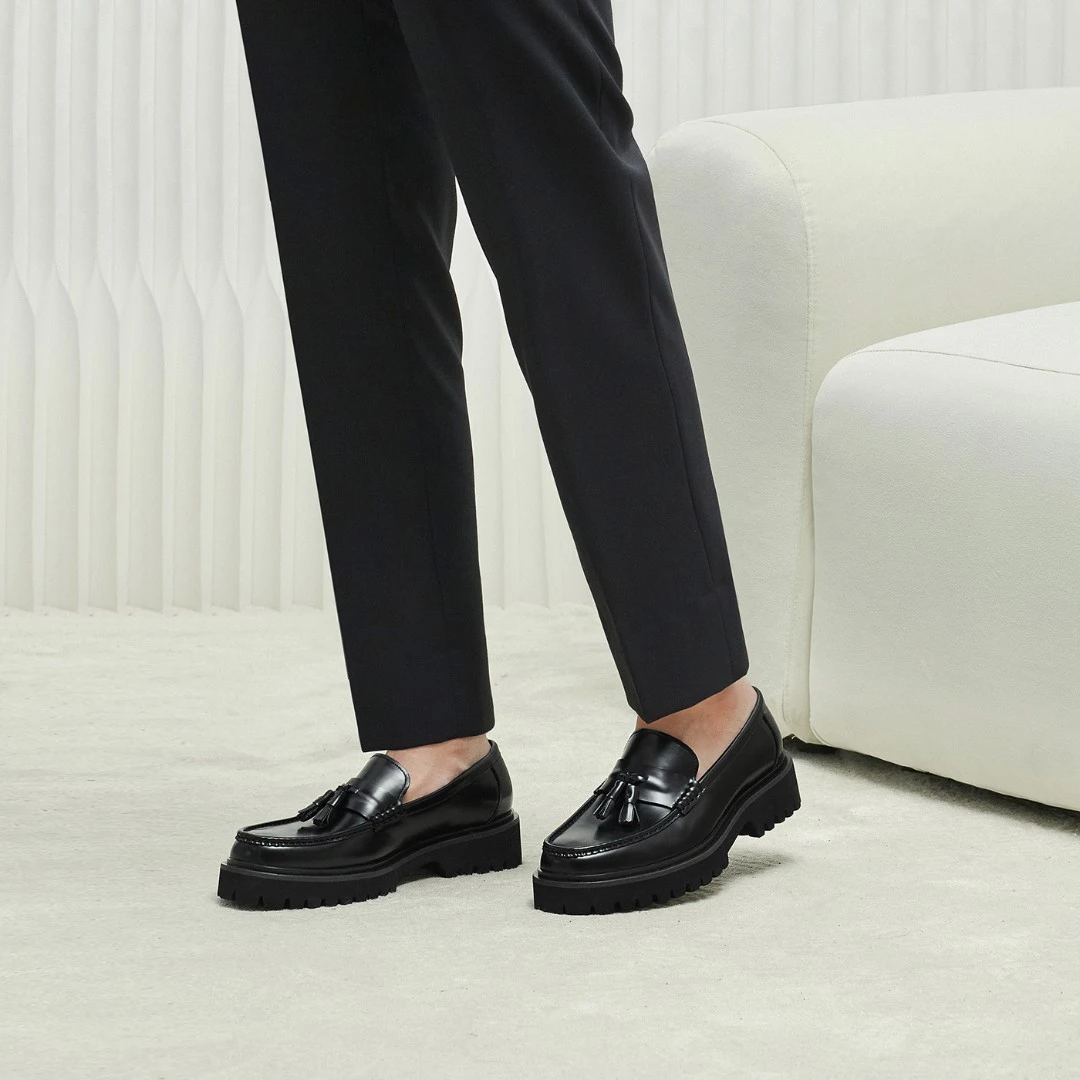 ThomWills流苏乐福鞋男圆头英伦风真皮厚底增高皮鞋休闲冬季男鞋