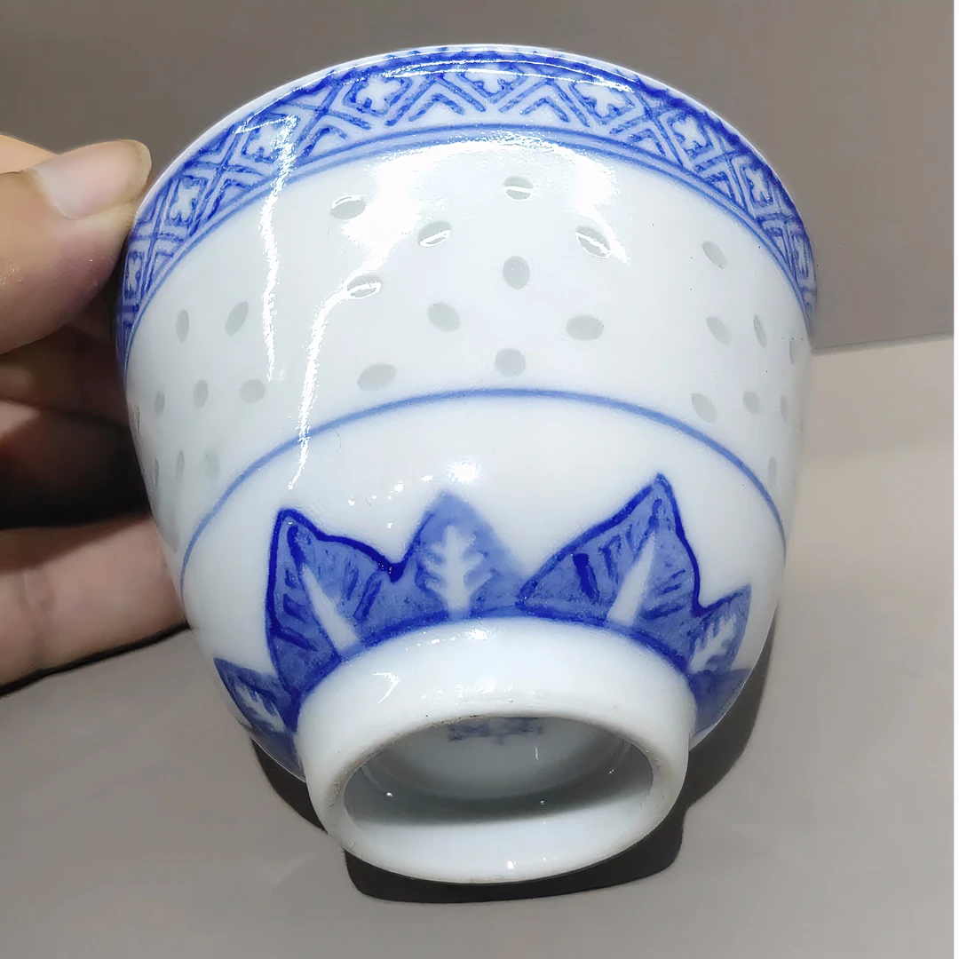 景德镇纯手工手绘青花玲珑玩玉底款兰花心二缸盅传统复古主人杯