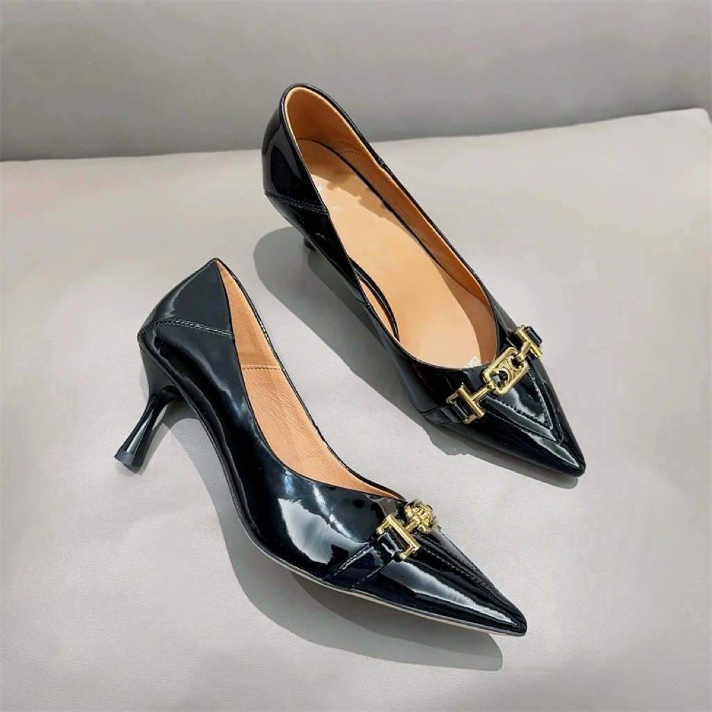 616381 新款欧美风时尚气质尖头细跟法式牛皮浅口单鞋