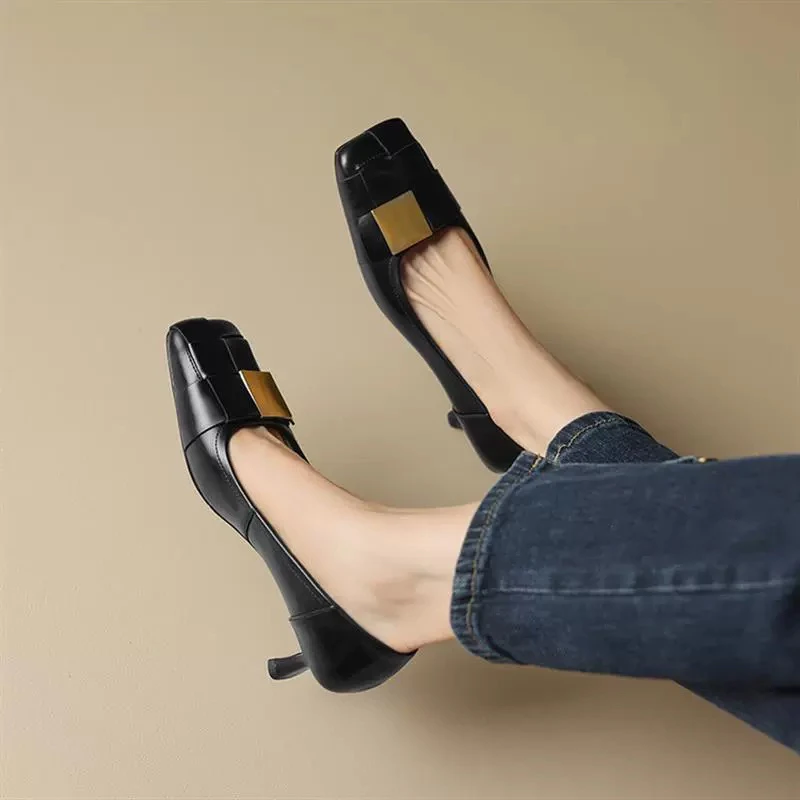 7522-101 法式复古方头编织高跟鞋女浅口金属细跟气质羊皮跟鞋