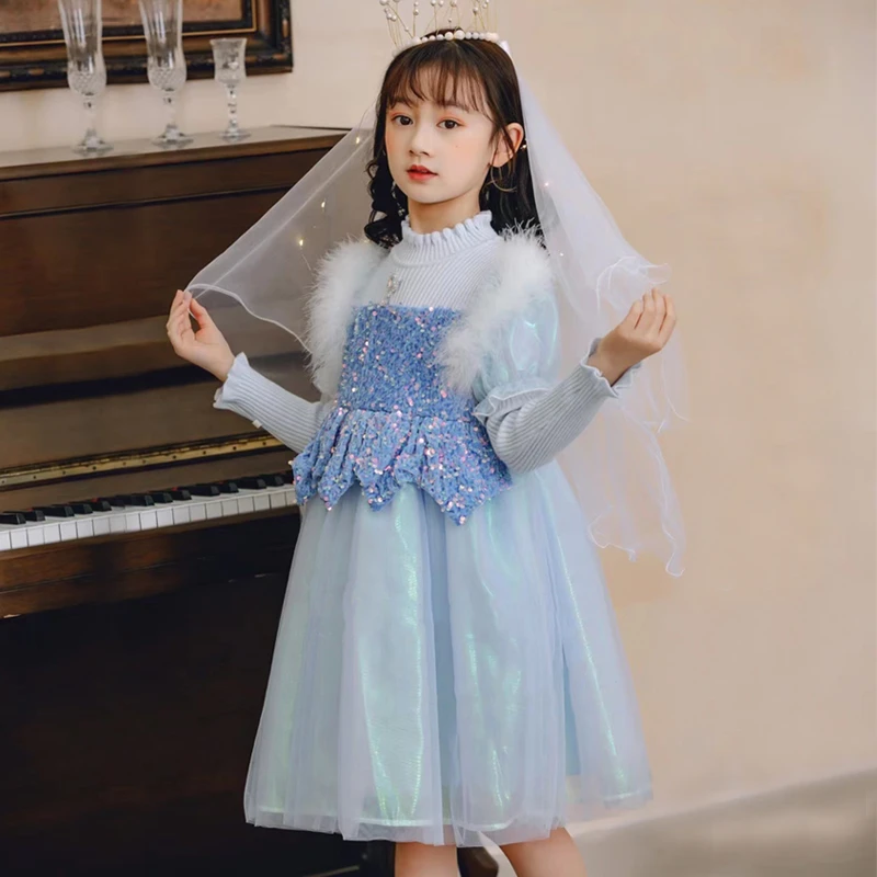 女童爱莎公主裙秋冬毛衣裙子新款儿童洋气网纱冰雪奇缘连衣裙