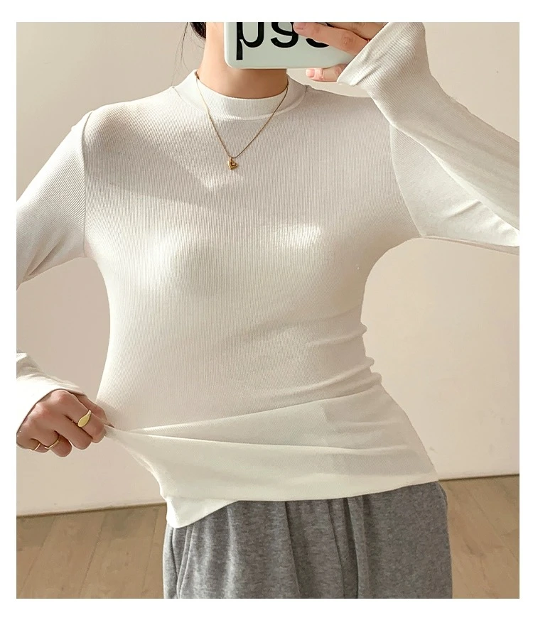 正肩小立领白色水溶细羊打底衫女半高春秋冬季长袖T恤上衣百搭