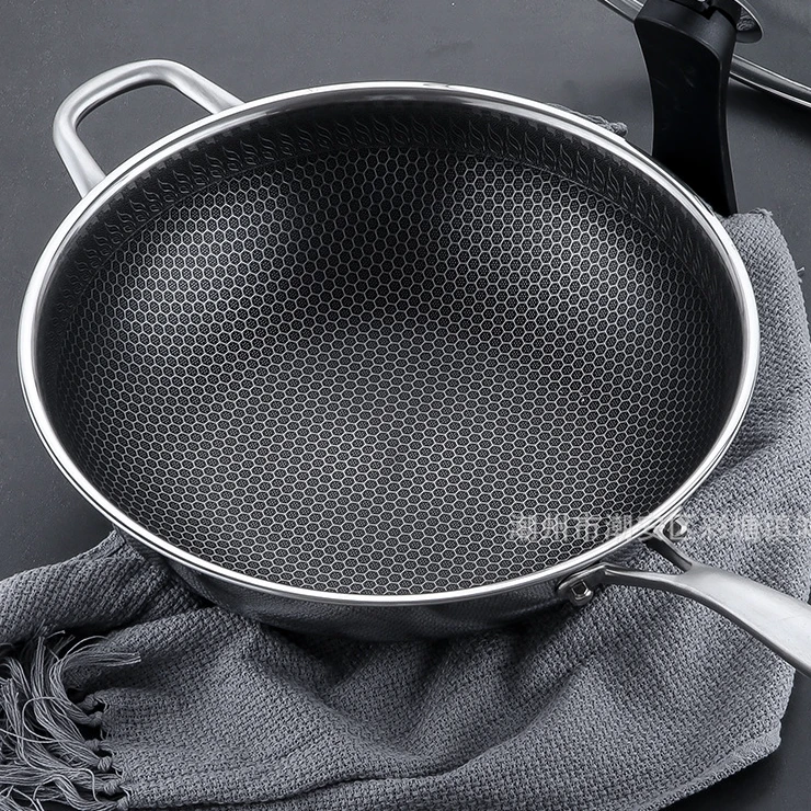 厂销316双面屏不锈钢炒锅 三层钢五层钢平底不粘锅无油烟锅具套装