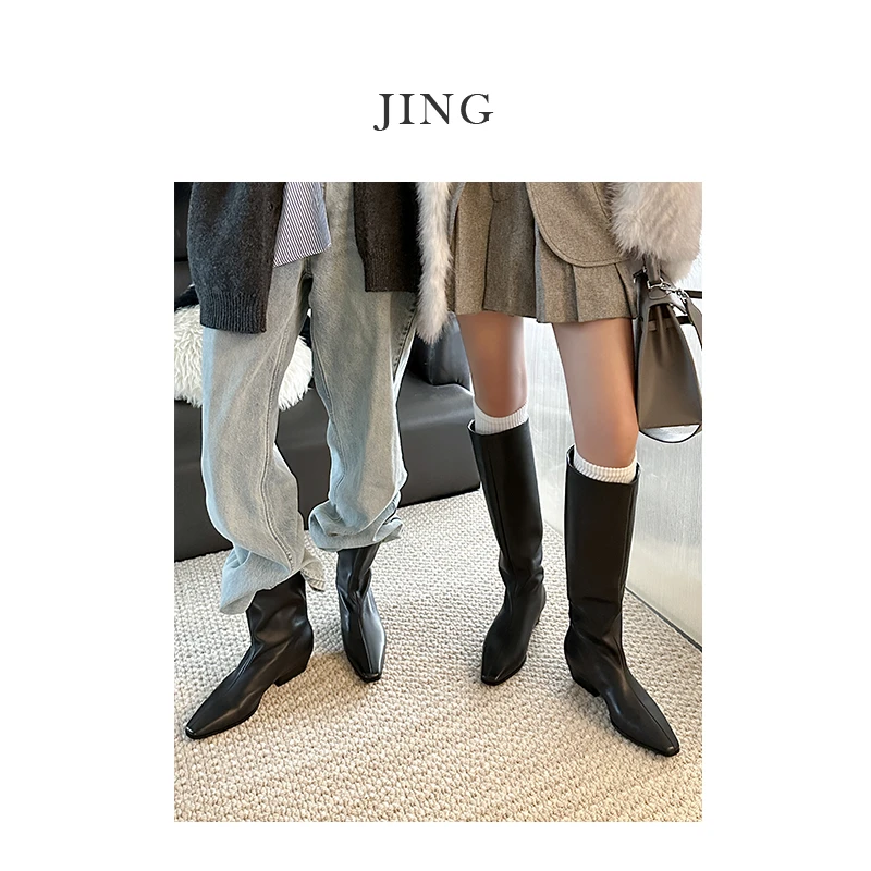 JING 向野而生 尖头长靴女不过膝黑色高筒靴中筒靴真皮直筒骑士靴