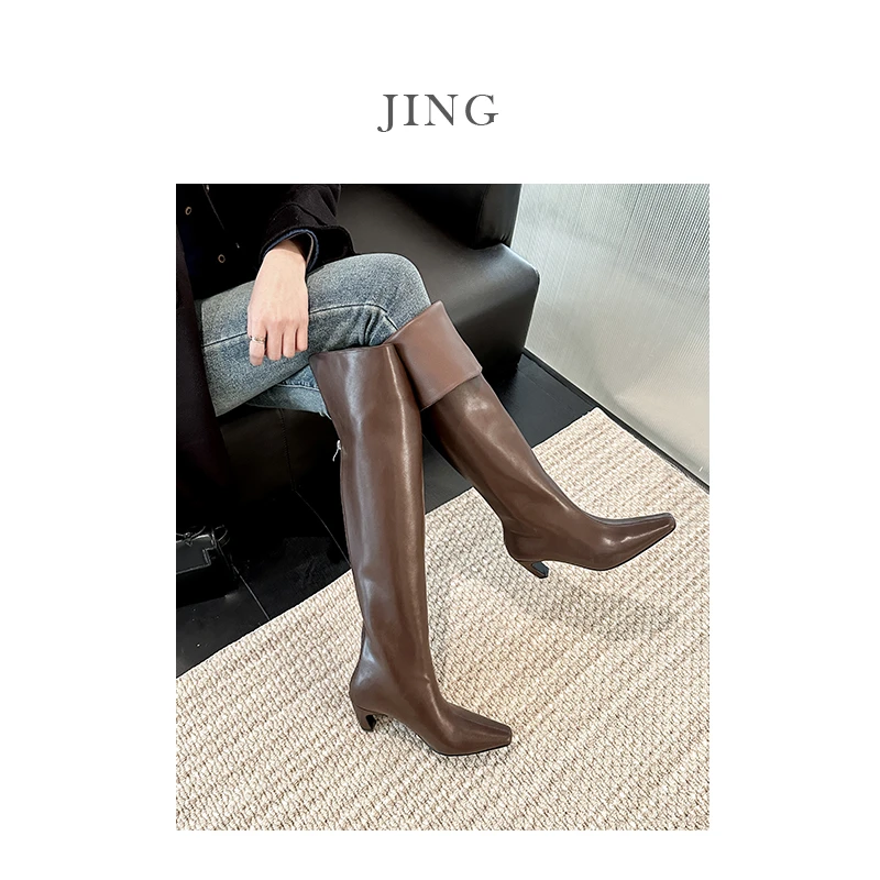 JING 幽兰白镜-欧美风时髦精必备！尖头细跟两穿过膝显瘦骑士长靴