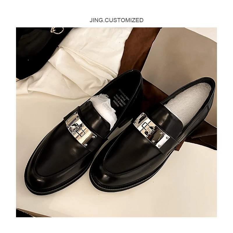 JING 工匠之作-圆头乐福鞋金口款懒人乐福鞋女鞋单鞋黑色小皮鞋