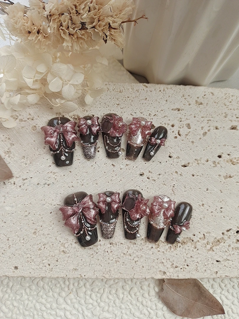 1261木木手工穿戴甲定制原创重工立体蝴蝶结美甲雕花美甲成品