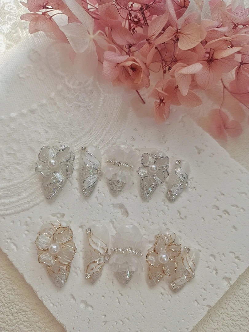 1267木木手工穿戴甲定制原创立体雕花美甲成品婚纱甲