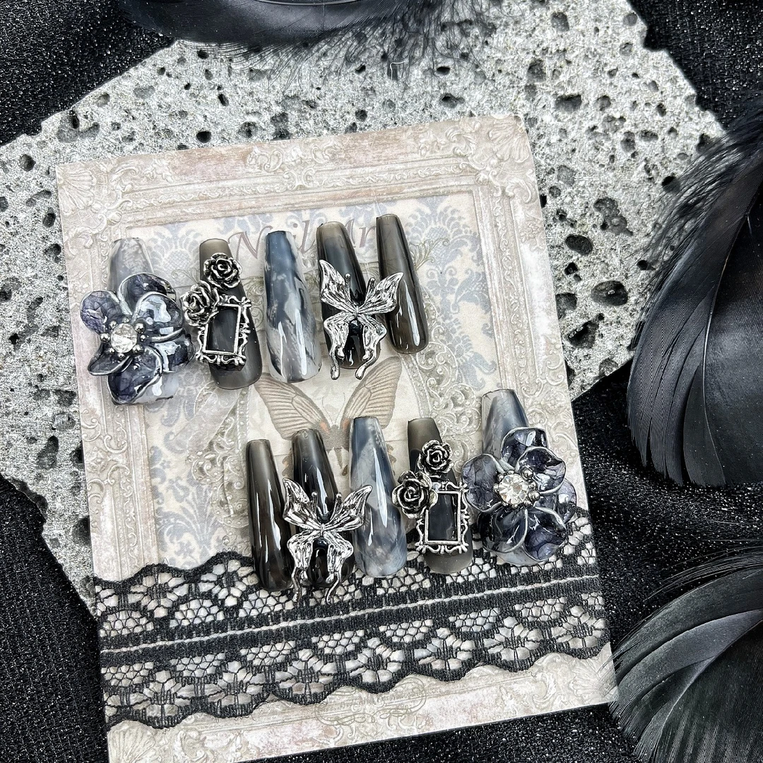 1114木木手工穿戴甲定制暗黑风雕花美甲立体蝴蝶美甲成品