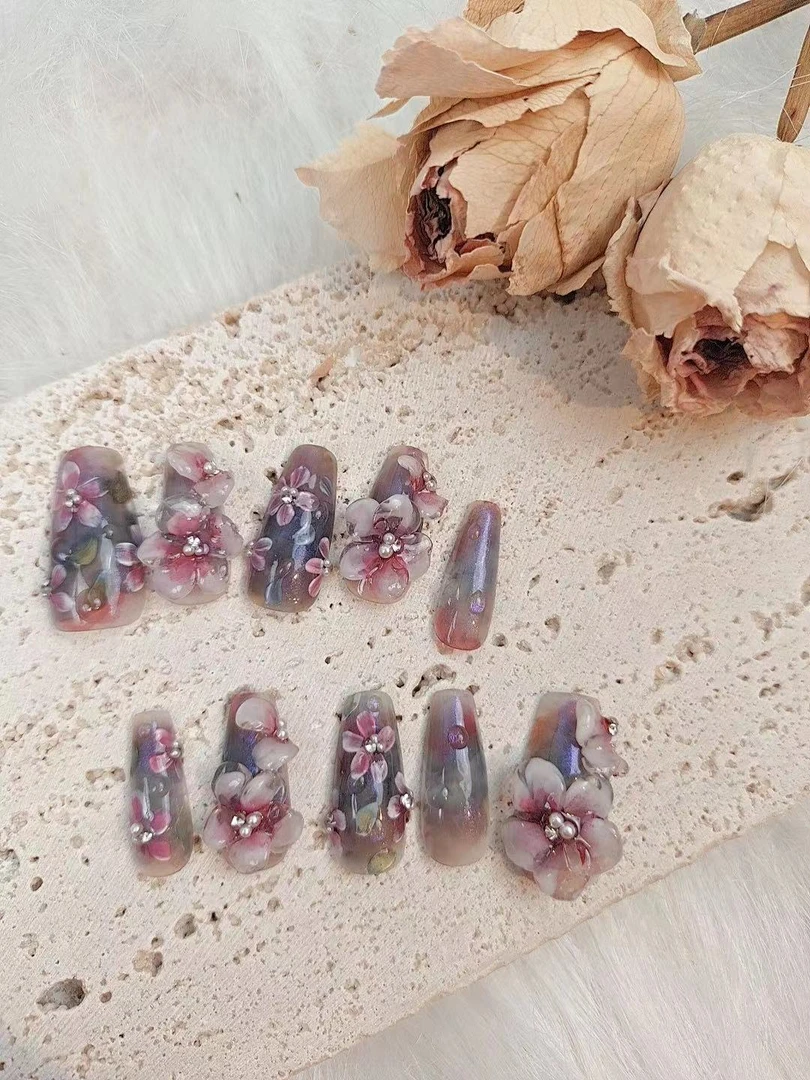 1129木木手工穿戴甲定制手绘立体雕花美甲古风晕染美甲