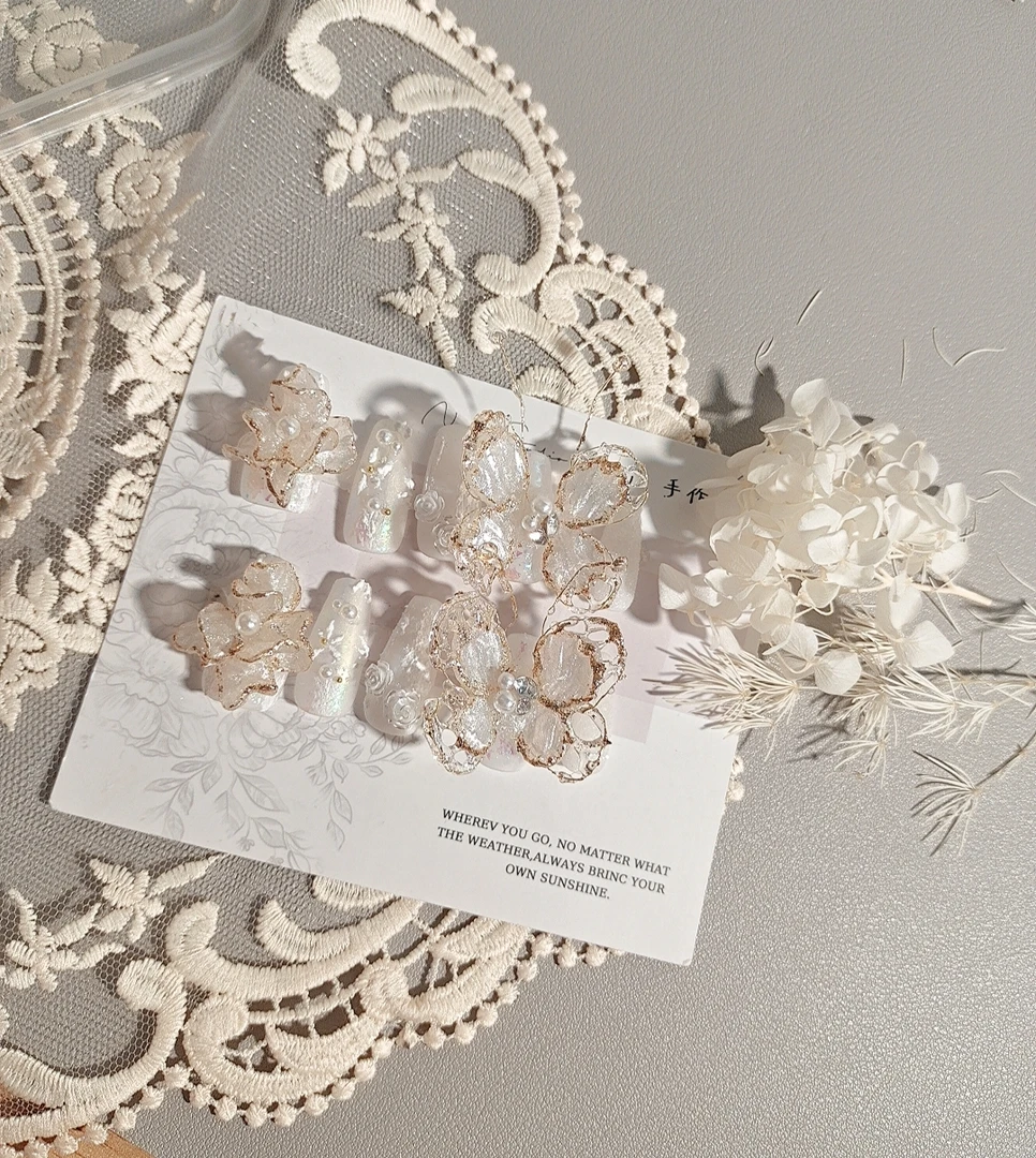 1106木木手工穿戴甲定制立体雕花蝴蝶美甲成品(新店开张粉丝浮)