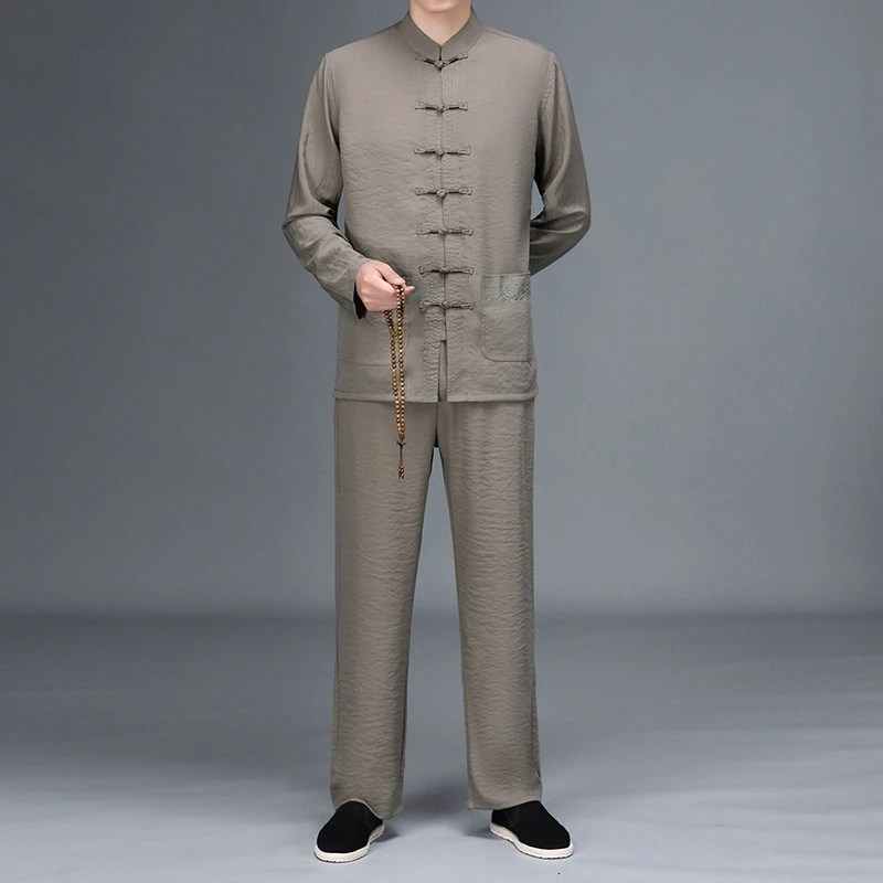2025年春秋新款男士宽松休闲长袖唐装 中式立领复古刺绣老人套装
