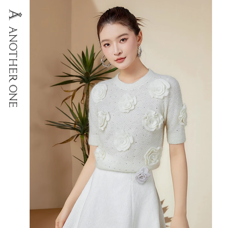 Another one轻奢气质白色针织衫镂空设计感上衣圆领百搭