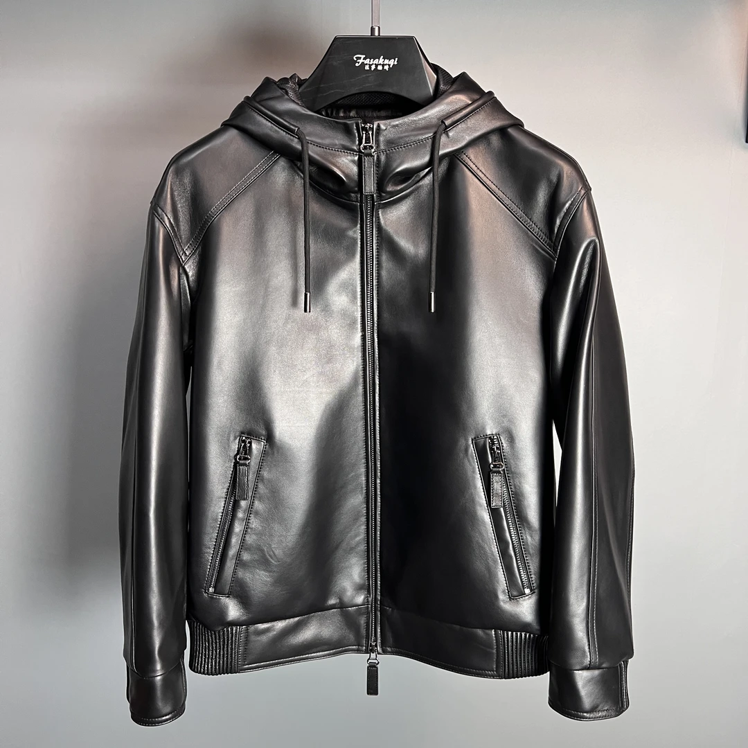 海宁短款真皮皮衣小羊皮皮夹克保暖连帽鹅绒休闲潮流秋冬百搭经典