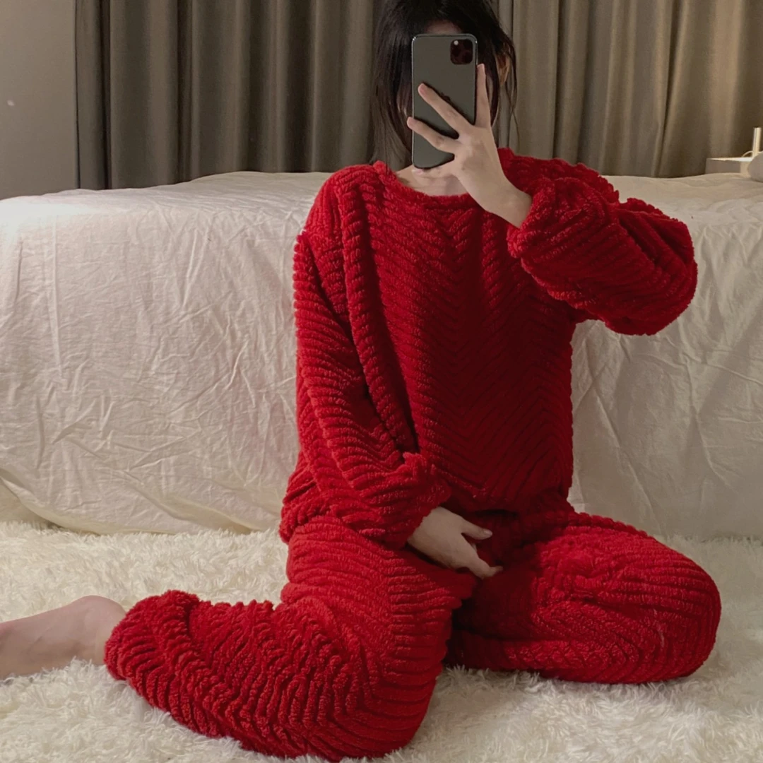 保暖加厚睡衣女秋冬季珊瑚绒学生大红色本年命法兰绒秋冬款家居服