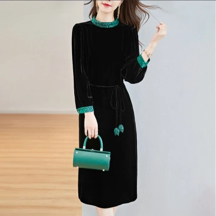 【宝月专属】100%桑蚕丝气质丝绒连衣裙82299163