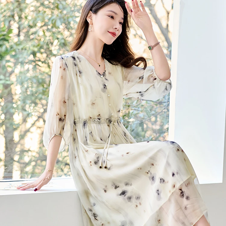 水墨佳人100%桑蚕丝轻奢气质女装连衣裙82497108