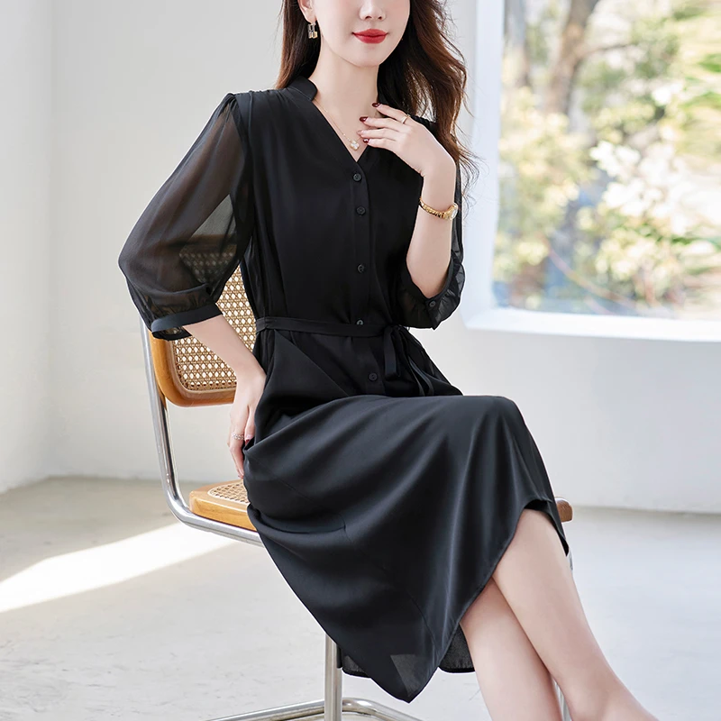 水墨佳人桑蚕丝真丝轻奢女装气质连衣裙82496222
