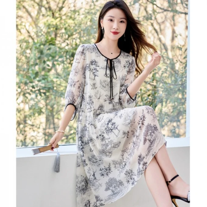 水墨佳人印花真丝桑蚕丝连衣裙82496330