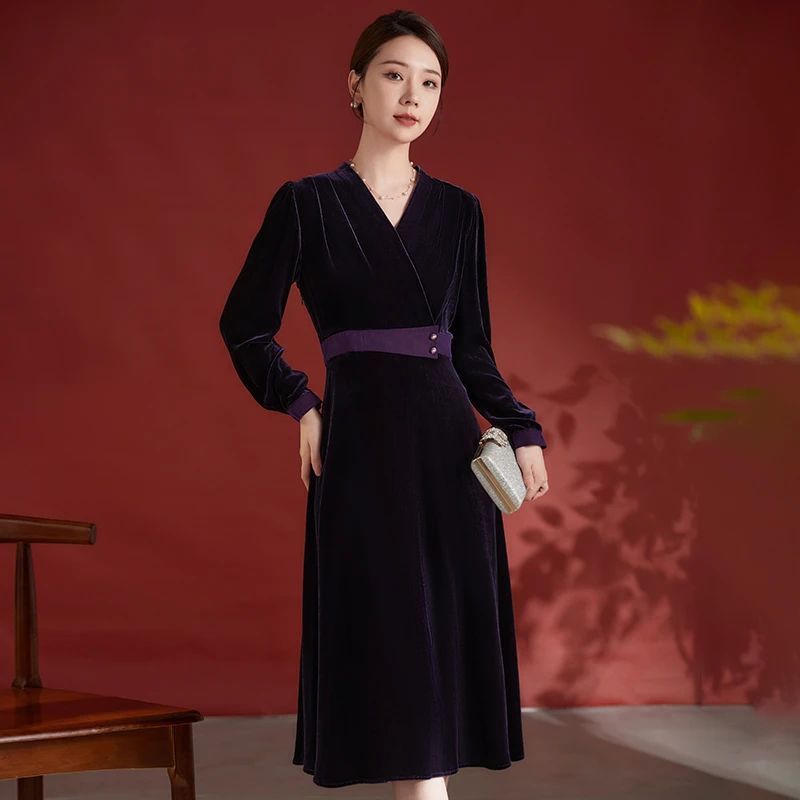 水墨佳人真丝丝绒气质女装连衣裙82498512