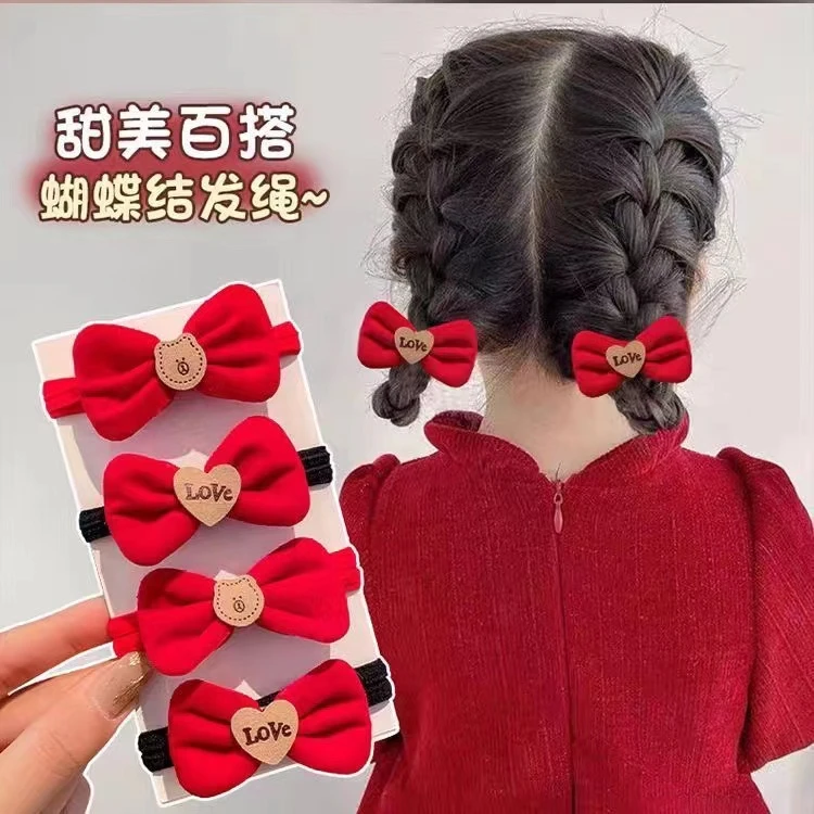 【当天拍今天发】女童新年红丝绒蝴蝶结发圈高弹力不伤发马尾皮筋