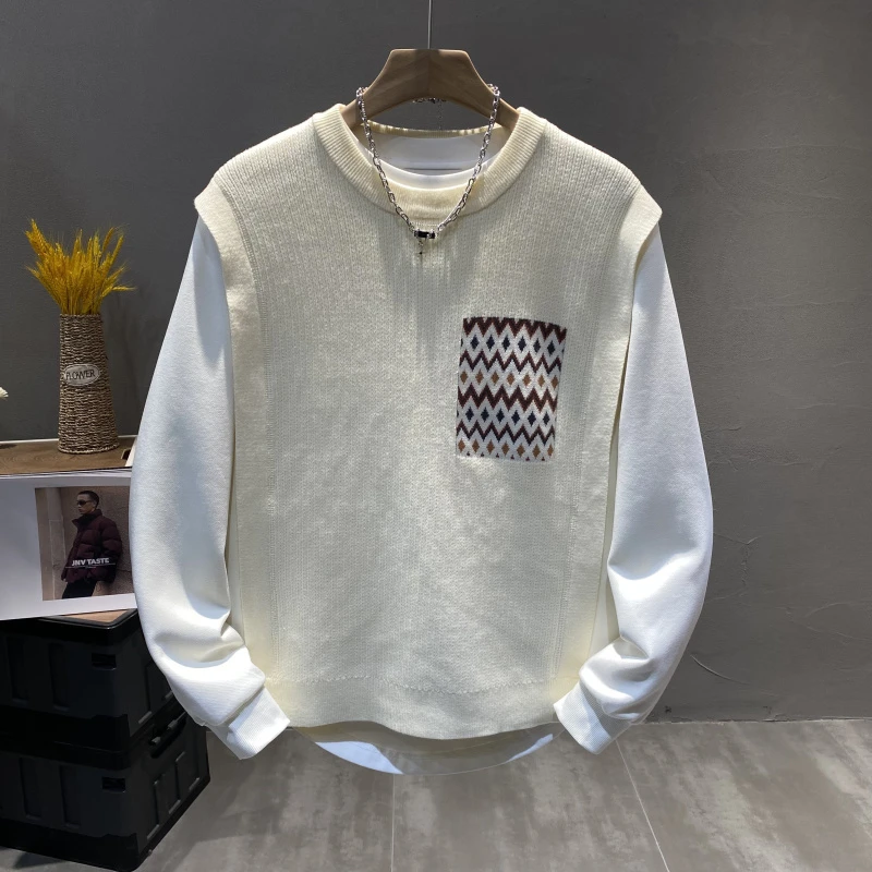 潮牌假两件圆领套头针织衫男春秋新款潮流时尚百搭高级感痞帅上衣