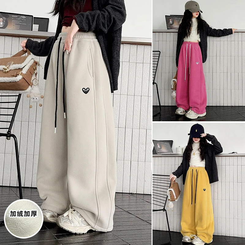女童加绒卫裤中大童2024冬季新款百搭潮流时尚加厚儿童宽松弯刀裤