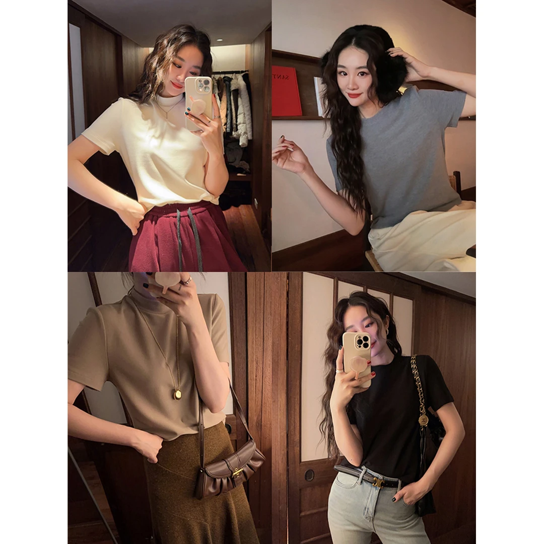 三吉黑花 内搭打底衫女2023新款秋冬短袖t恤爆款小上衣今年流行潮