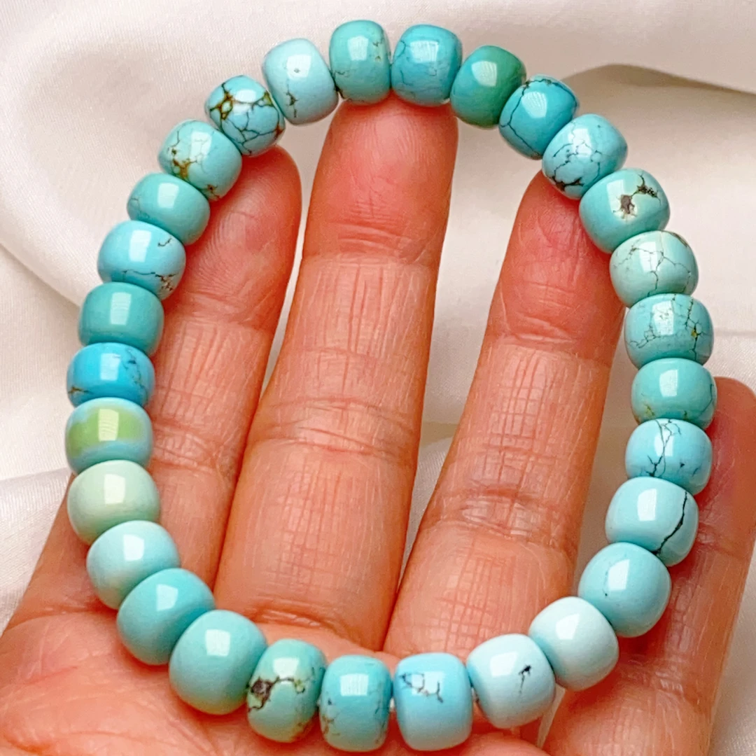 原矿绿松石高瓷果冻料老型手串天空蓝水草纹单圈男女士尺寸9mm