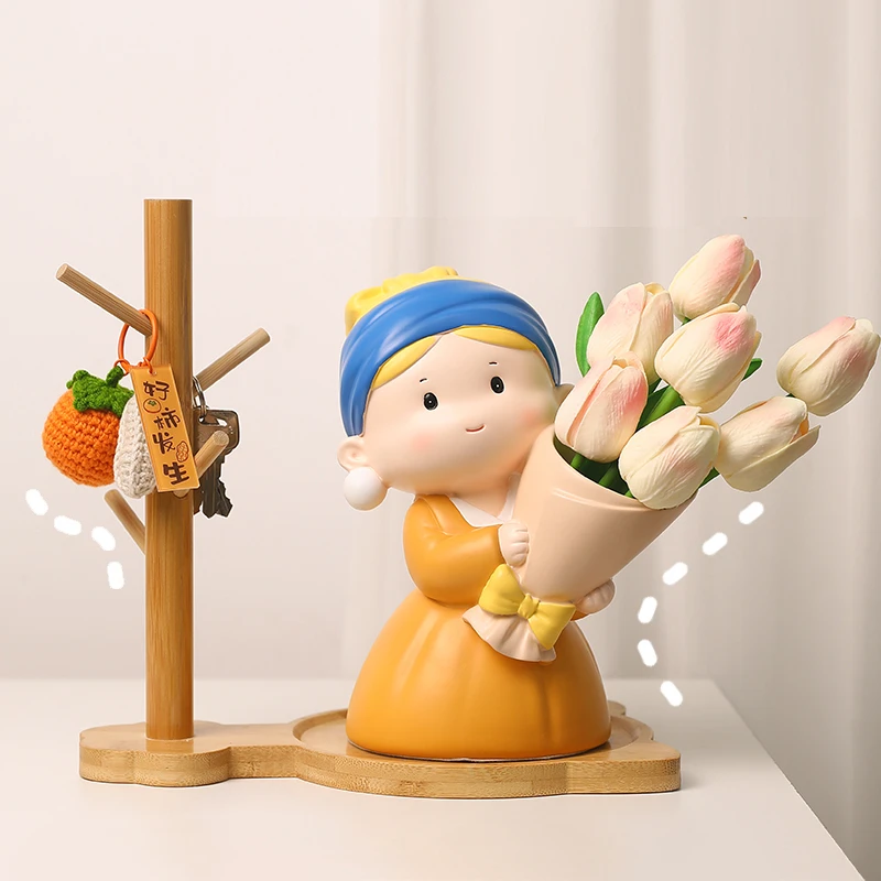 珍珠女孩捧花摆件玄关电视柜装饰品客厅花瓶办公室好物创意送礼物