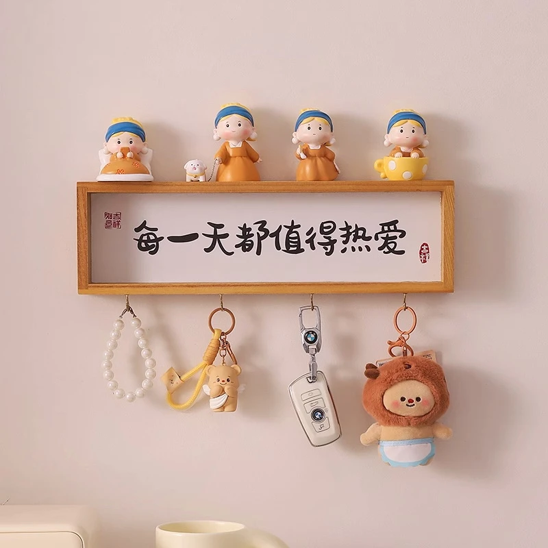 可爱治愈系戴珍珠耳环女孩进门口玄关钥匙收纳置物架墙面上装饰品