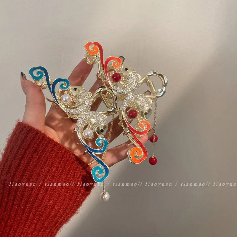 锦鲤祥云~新中式红色抓夹大号古风流苏发夹小众后脑勺爆款鲨鱼夹