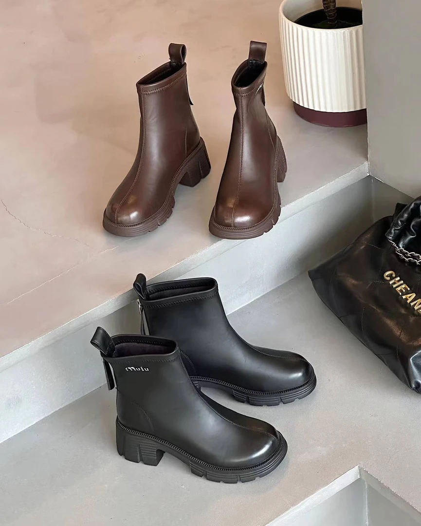 【鞋爱】202-3加绒加厚英伦风厚底马丁靴新款复古增高粗跟弹力短靴