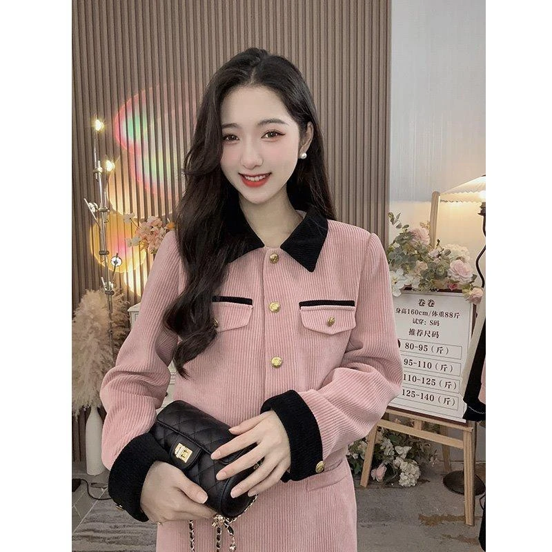 法式秋冬新款气质小香风灯芯绒外套+时尚中长款半身裙两件套装女