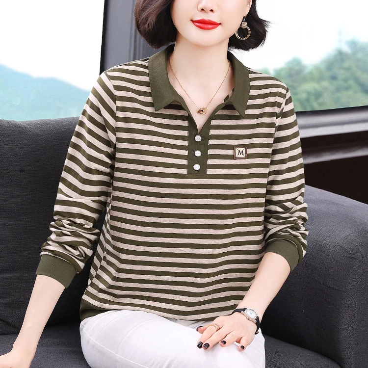 纯棉时尚条纹长袖翻领t恤女秋季新款中老年妈妈洋气女装宽松上衣