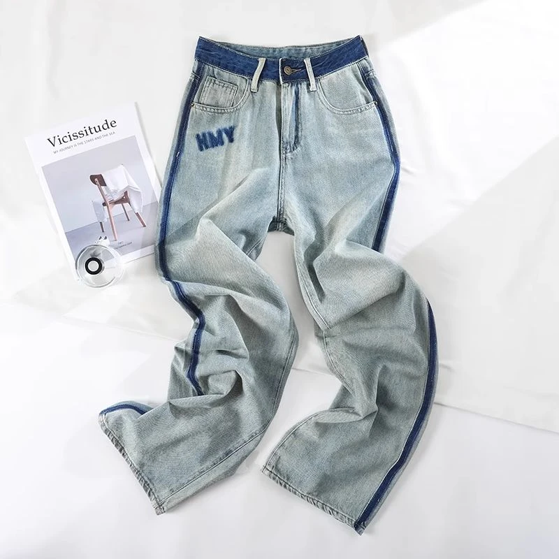 撞色直筒牛仔裤女秋冬装2025年新款高腰宽松爆款窄版阔腿裤小个子