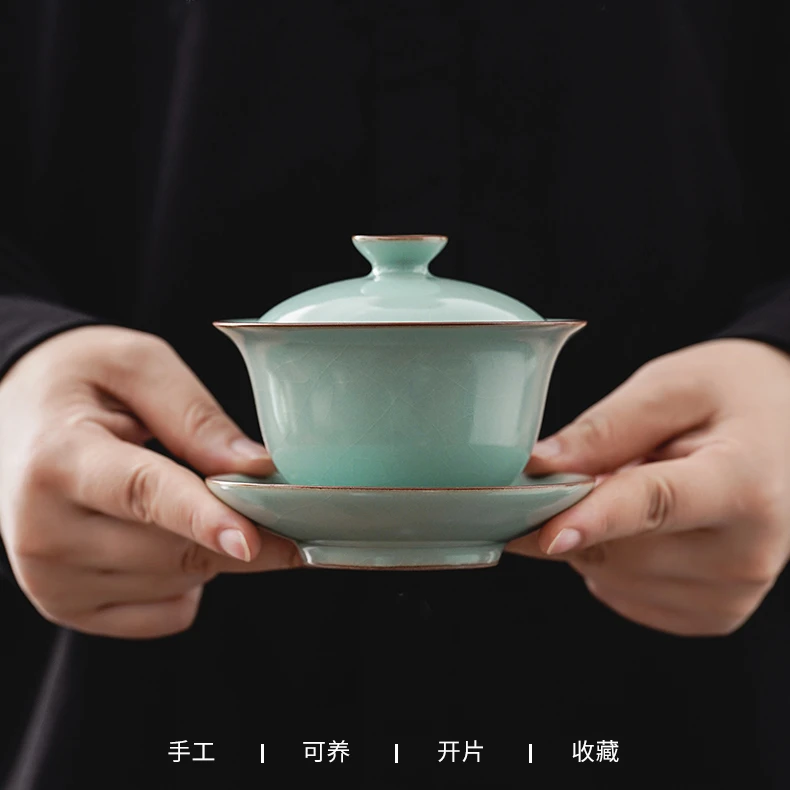 厚湖窑天青汝窑盖碗茶杯单个家用开片可养泡茶碗冰裂三才敬茶碗杯