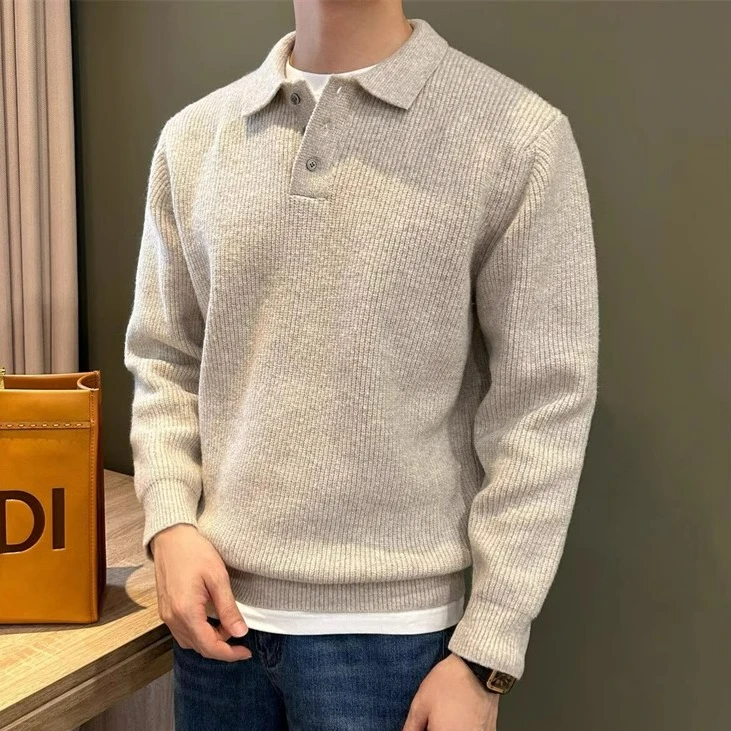 奥兰德保罗日系休闲轻奢风翻领男Polo衫简约纯色细条磨毛针织毛衣
