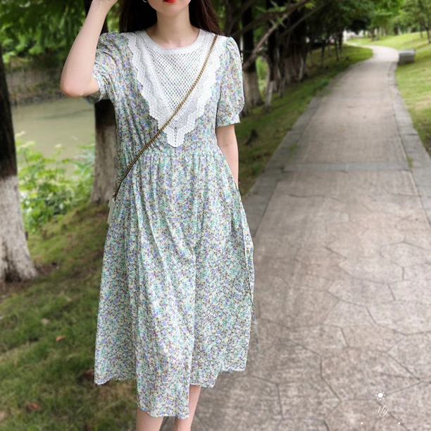 「YN丸子」夏季新款碎花裙钩花拼接设计款显瘦甜美减龄款长裙连衣裙