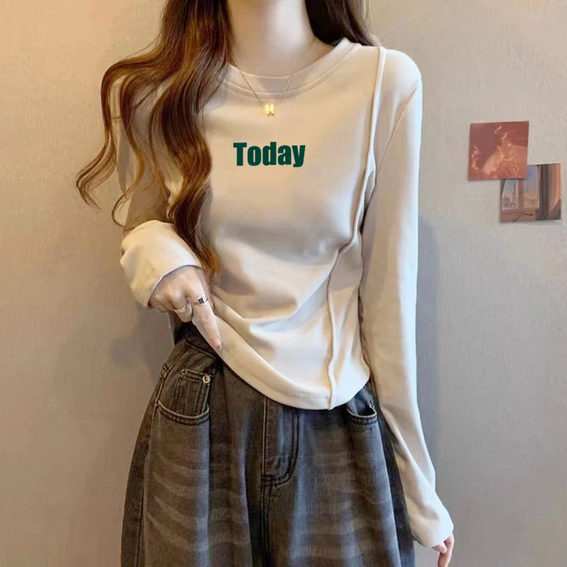 德绒圆领长袖t恤女秋冬新款洋气显瘦短款小个子鱼骨打底保暖上衣