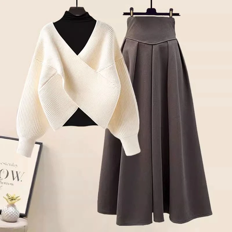 大码女装秋冬套装女2025新款气质显瘦打底衫毛衣高腰半身裙三件套