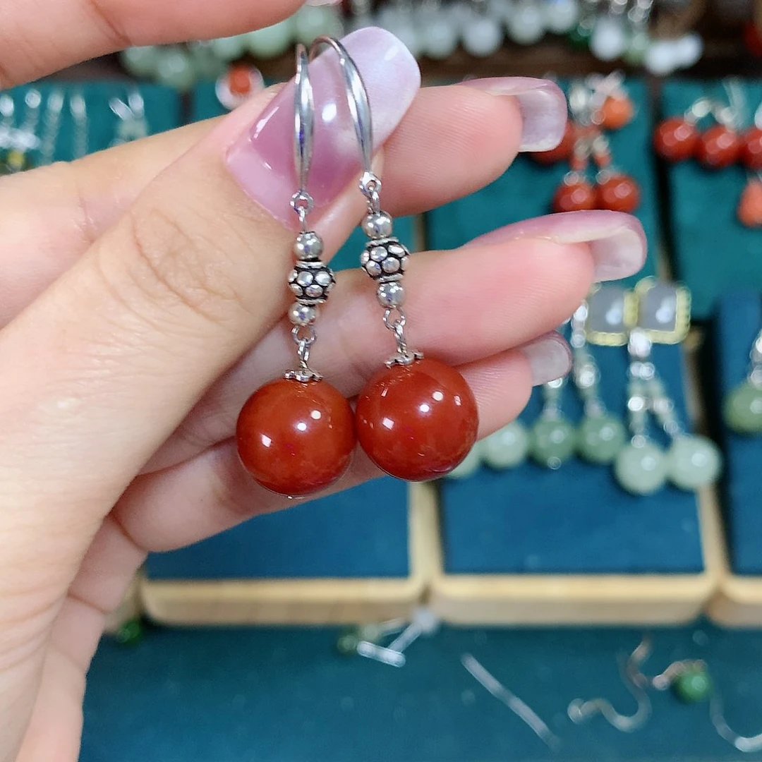 玛瑙/玉髓耳饰银S925镶嵌天然红玛瑙卡12mm左右