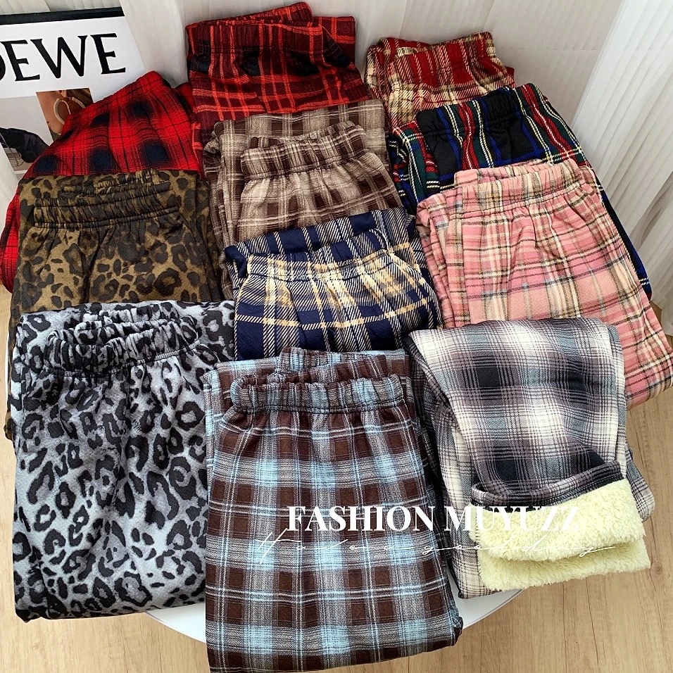 【加长版】冬款豹纹羊羔绒格子裤高腰休闲阔腿裤加绒百搭显瘦拖地裤