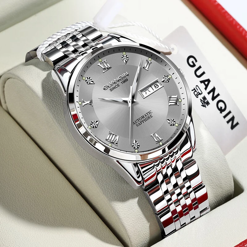 冠琴手表男士商务全自动机械表双日历防水夜光男表瑞士品质镶钻表