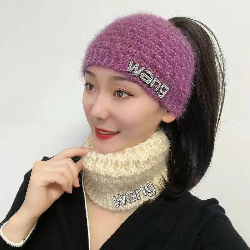 秋冬针织加宽松鼠绒保暖发带 包头帽 WANG字母款