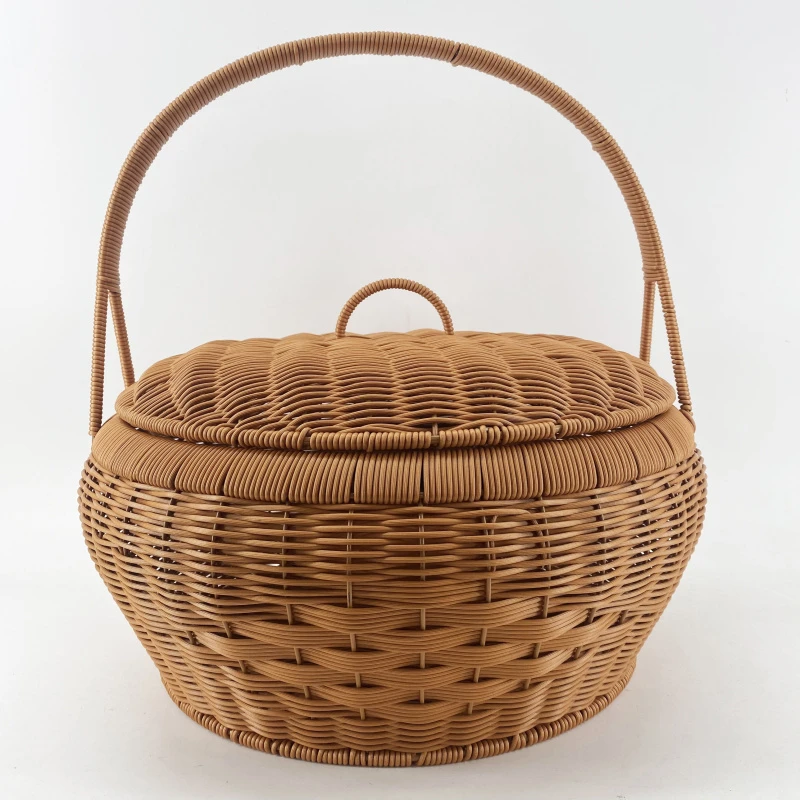 S3棕色圆形拜拜篮纯手工编织野餐篮大号40*45